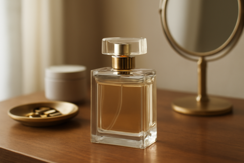 flacon de parfum pose sur coiffeuse