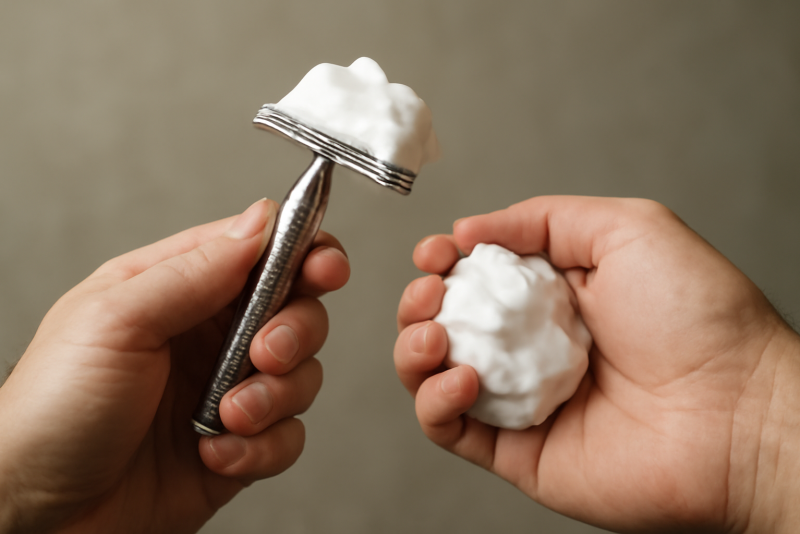 mains tenant rasoir avec mousse à raser