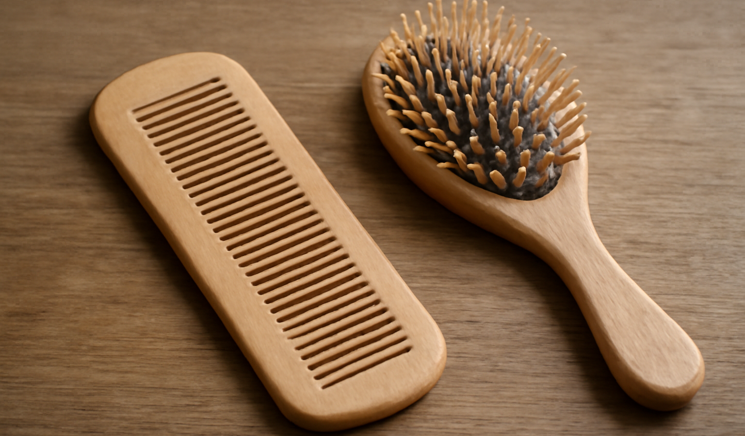peigne en bois posé à côté d'une brosse