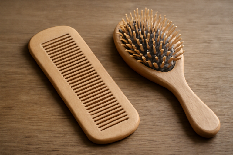 peigne en bois posé à côté d'une brosse