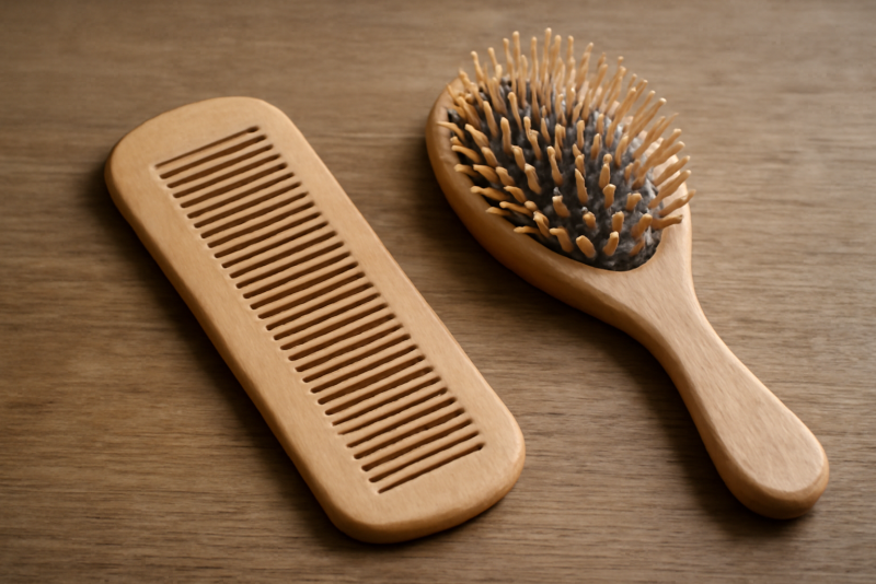 peigne en bois posé à côté d'une brosse