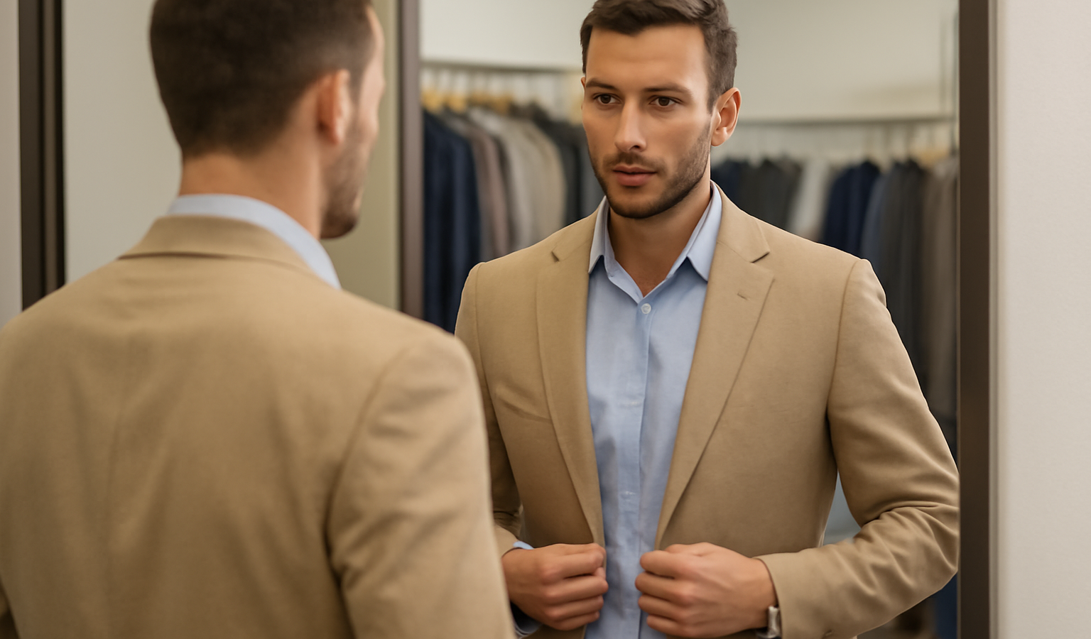 homme cherchant tenue devant miroir
