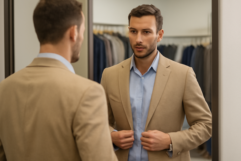 homme cherchant tenue devant miroir
