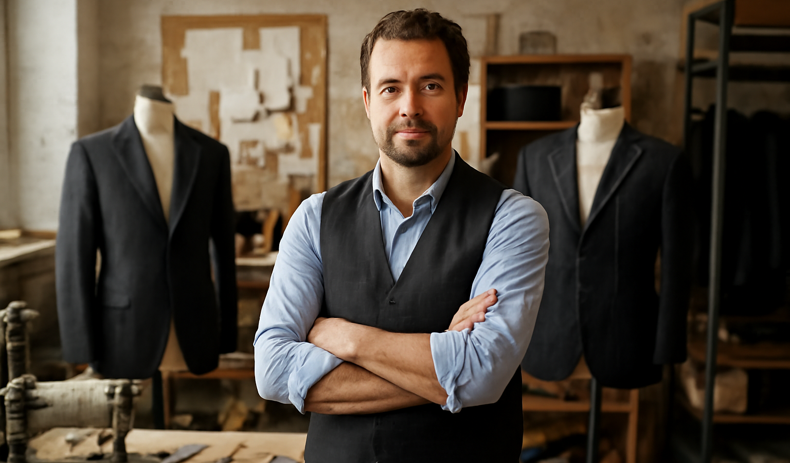 homme debout dans atelier retouches costume