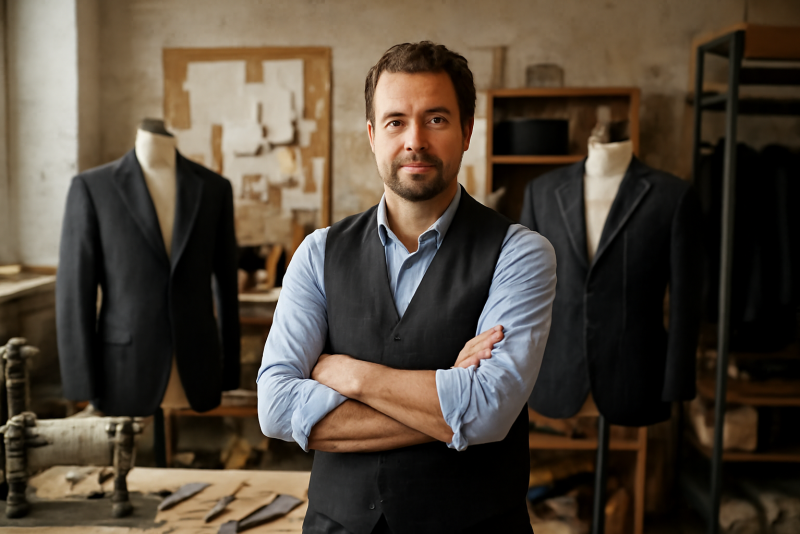 homme debout dans atelier retouches costume