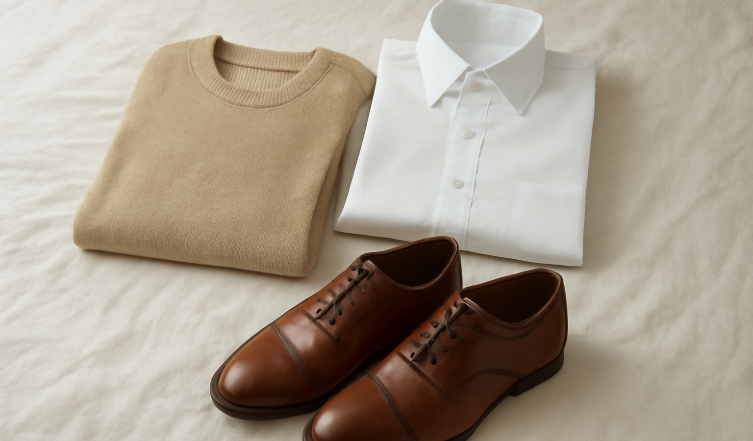 pull, chemise et chaussures organises sur lit