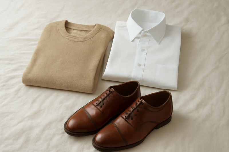 pull, chemise et chaussures organises sur lit