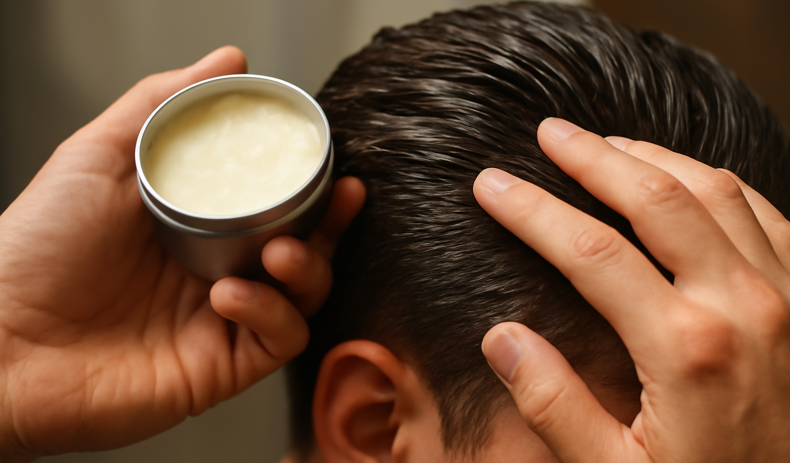mains appliquant cire coiffante sur cheveux