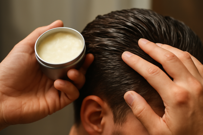 mains appliquant cire coiffante sur cheveux