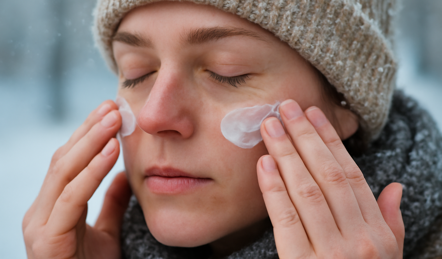 mains appliquant baume sur visage en hiver