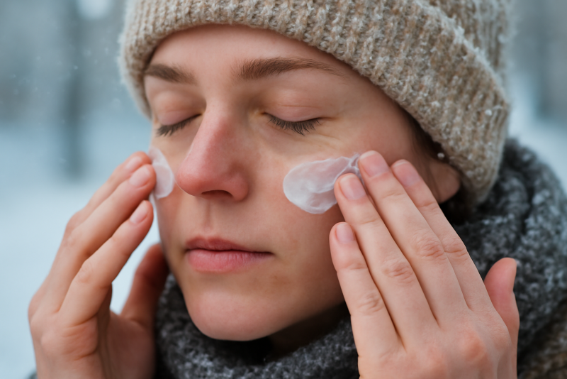 mains appliquant baume sur visage en hiver