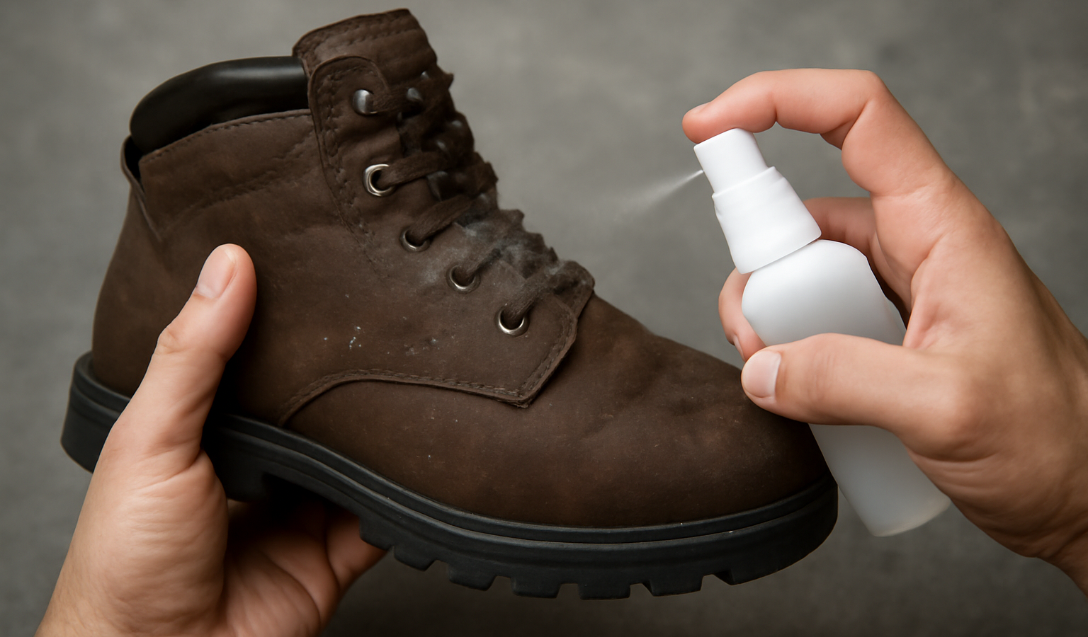 mains appliquant produit imperméabilisant sur chaussure