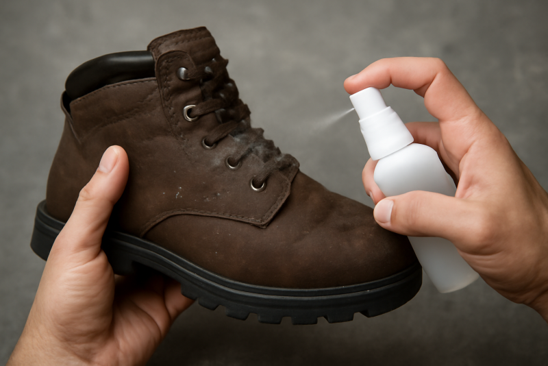 mains appliquant produit imperméabilisant sur chaussure
