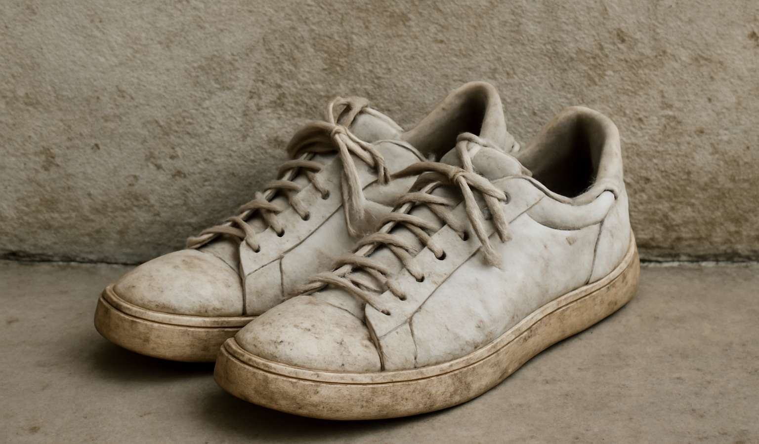 baskets blanches usées posées contre mur