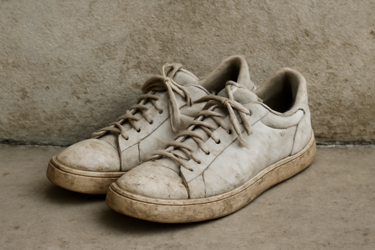 baskets blanches usées posées contre mur