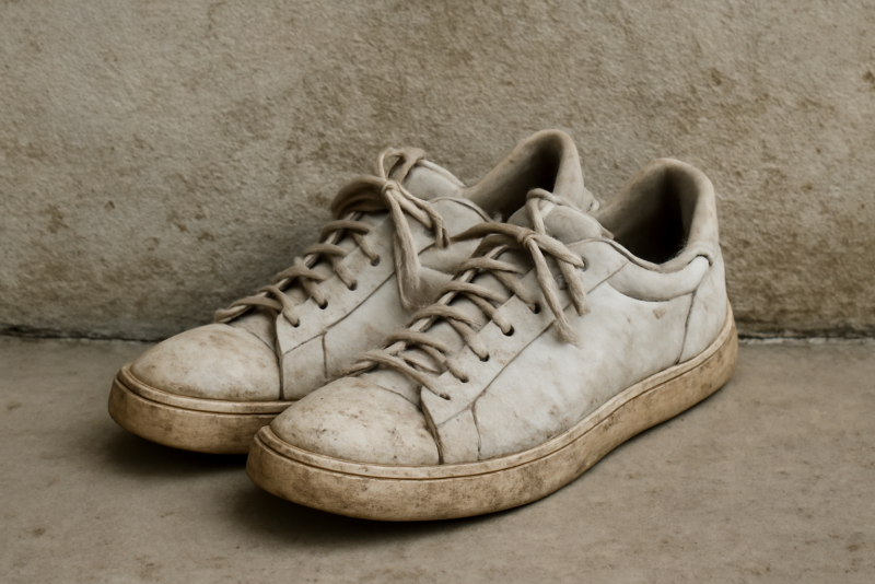 baskets blanches usées posées contre mur