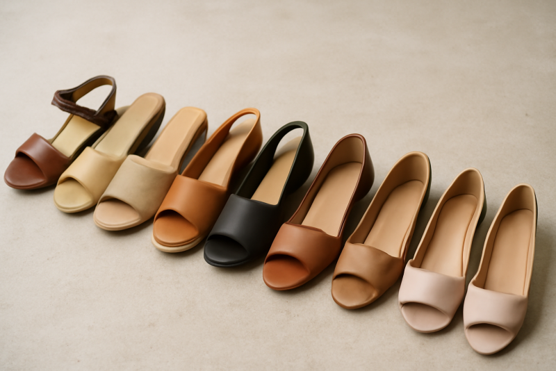 paires de chaussures ouvertes alignées sur sol