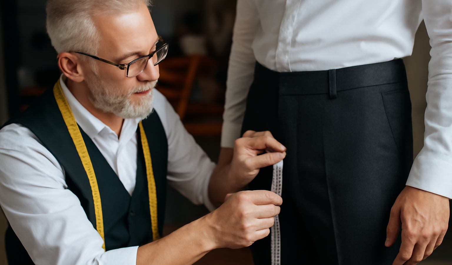 couturier prenant des mesures sur un pantalon