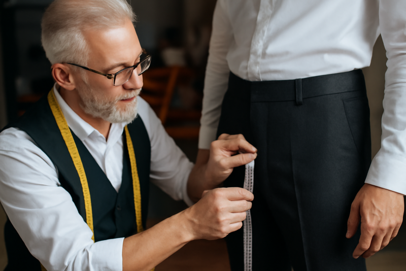 couturier prenant des mesures sur un pantalon