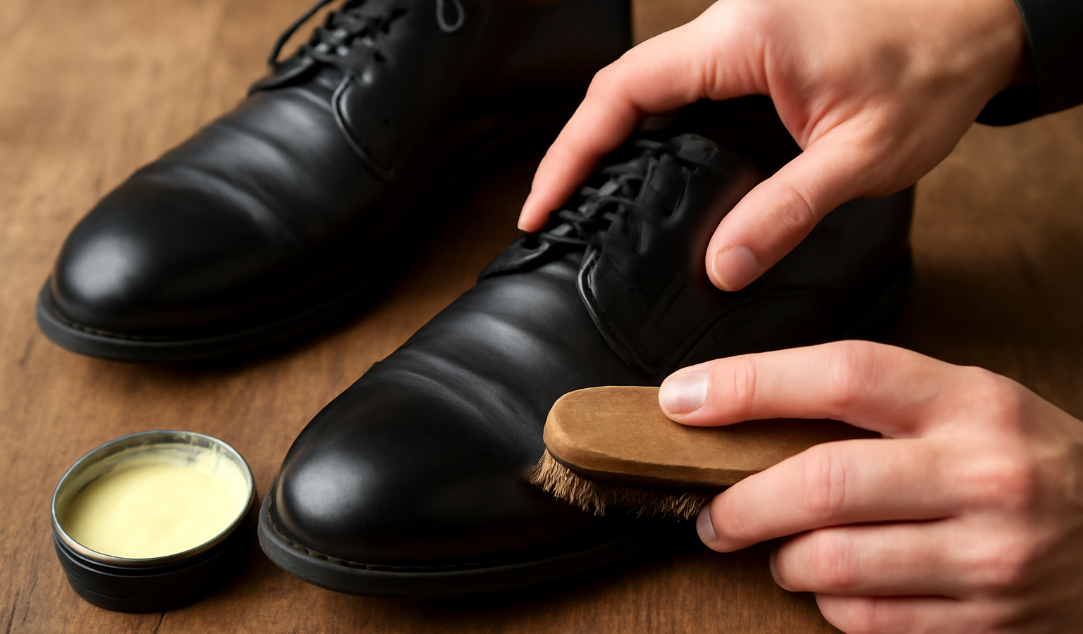 mains appliquant cire sur paire de chaussures