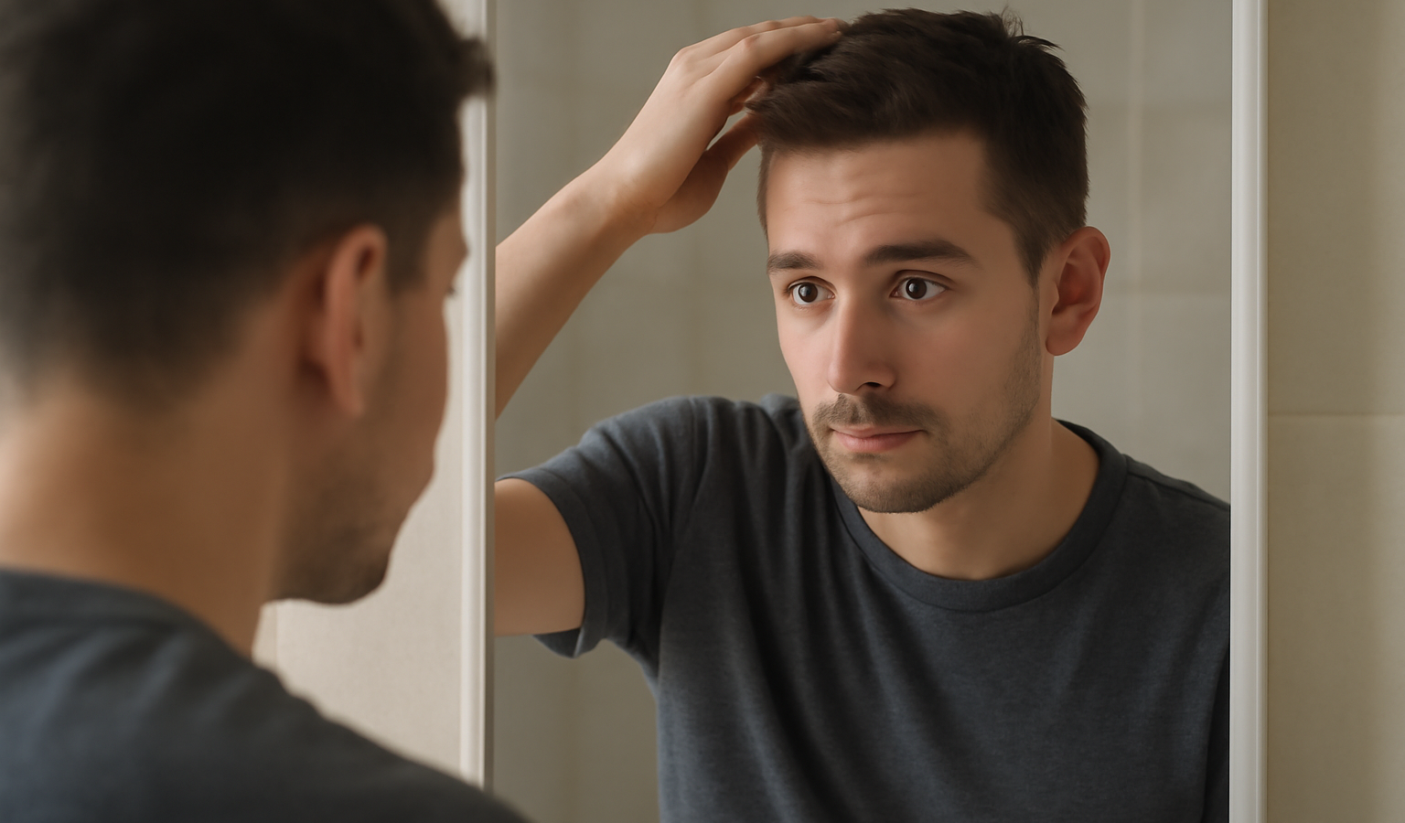 homme coiffant cheveux courts devant miroir