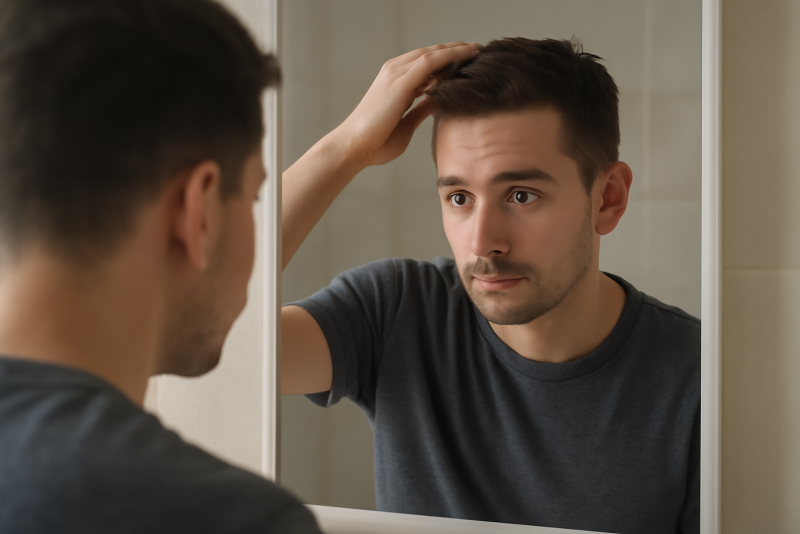 homme coiffant cheveux courts devant miroir