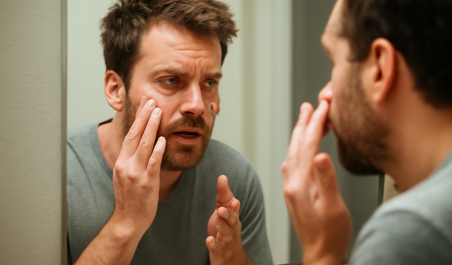 homme appliquant crème rapidement devant miroir