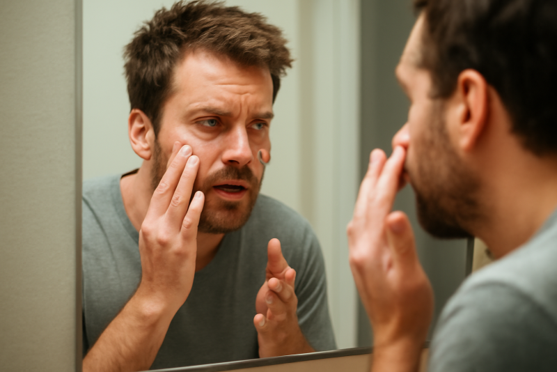 homme appliquant crème rapidement devant miroir
