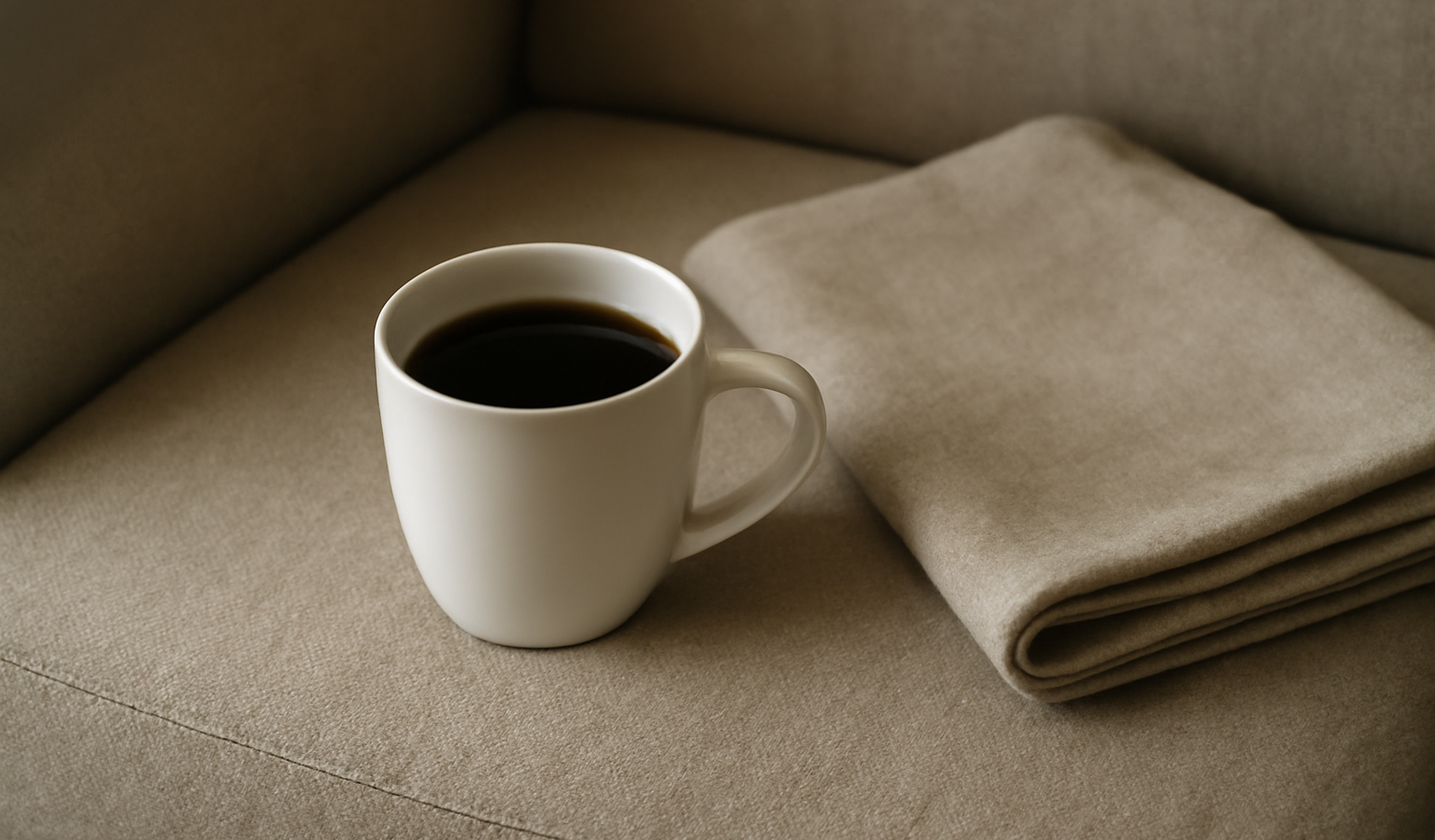 tasse de cafe et tenue pliee sur fauteuil