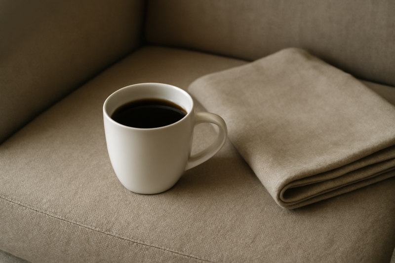 tasse de cafe et tenue pliee sur fauteuil