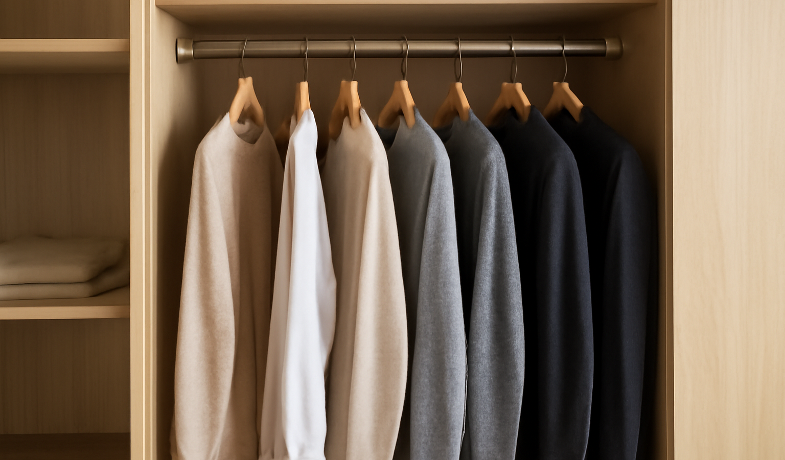 armoire ordonnee avec quelques vetements suspendus