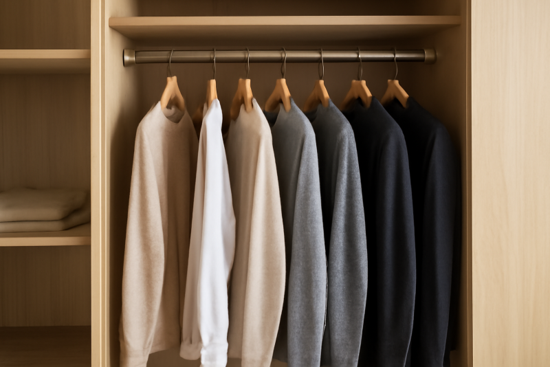 armoire ordonnee avec quelques vetements suspendus
