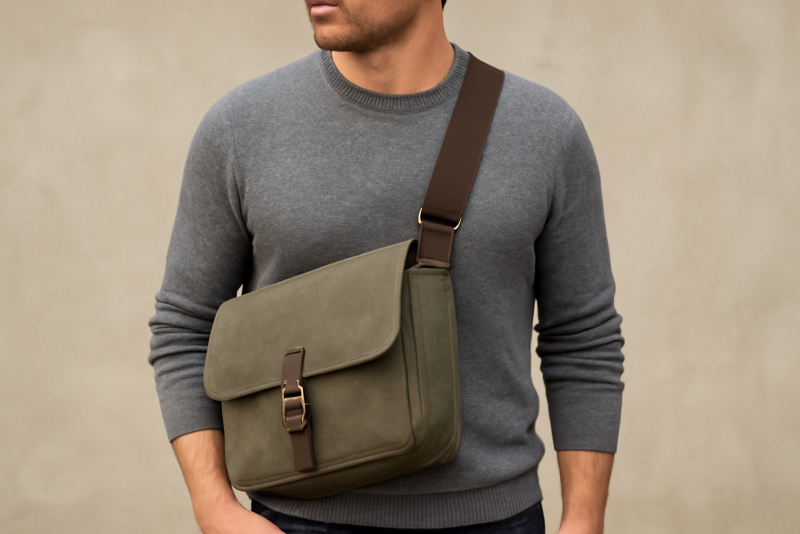 sac porté en travers sur l'épaule d'un homme