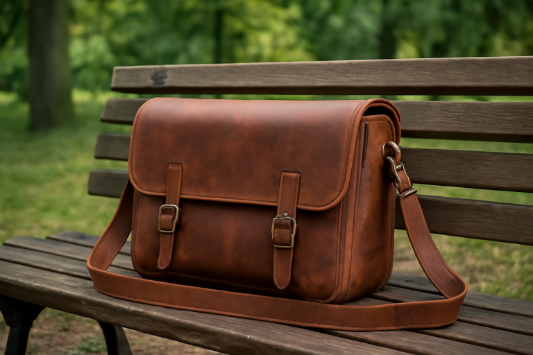 sac besace posé sur banc de parc