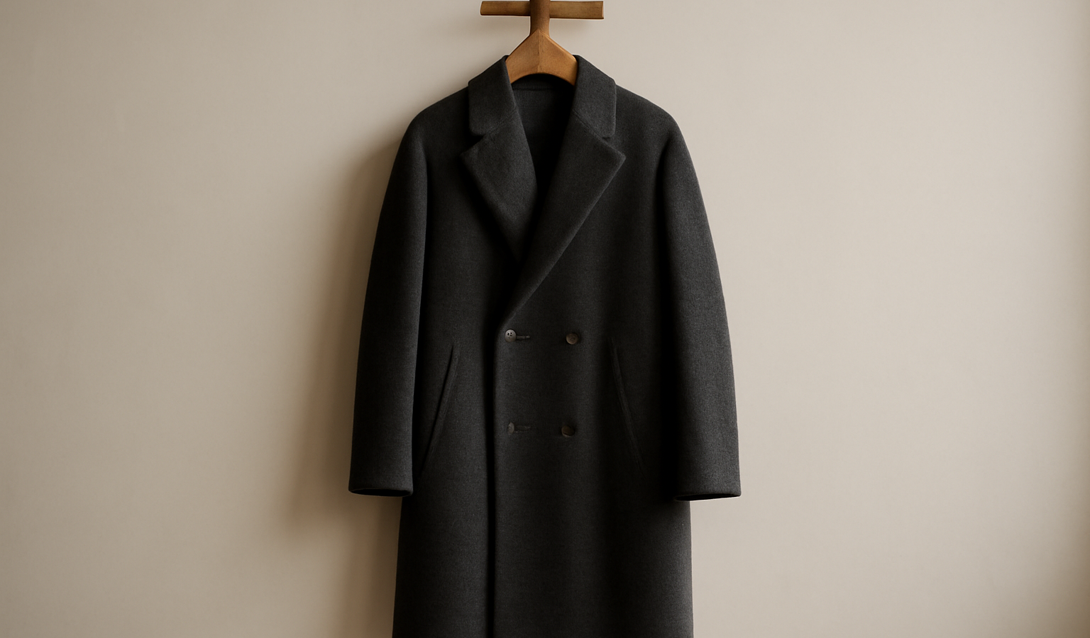 manteau long posé sur porte-manteau en bois