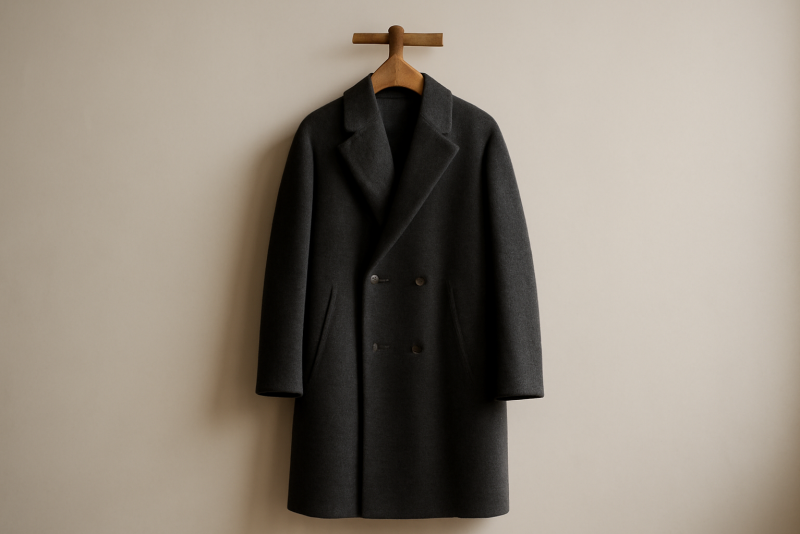 manteau long posé sur porte-manteau en bois