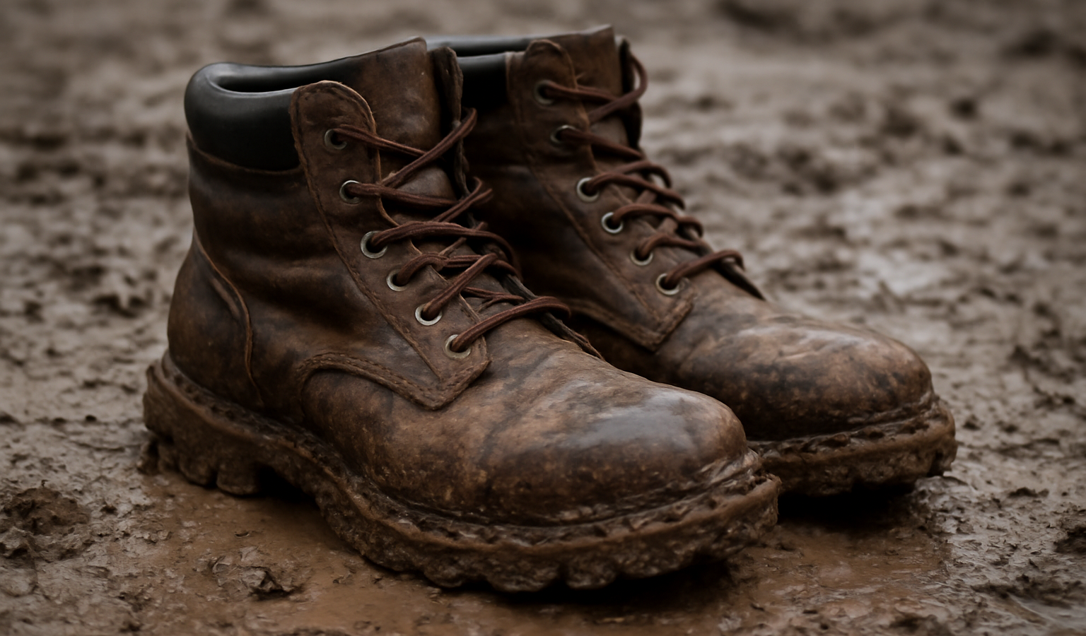 bottines robustes posées sur sol boueux