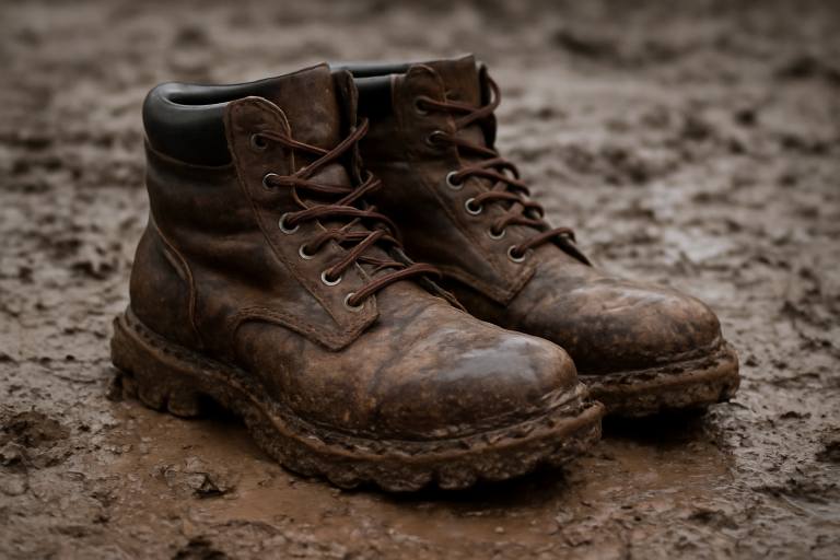 bottines robustes posées sur sol boueux