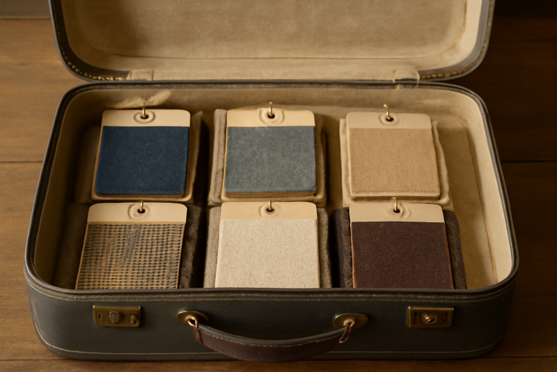 valise ouverte montrant etiquettes de tissus