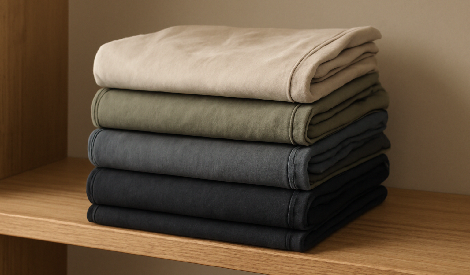 pantalons plies sur une etagere en bois