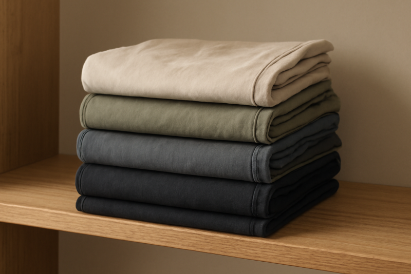 pantalons plies sur une etagere en bois