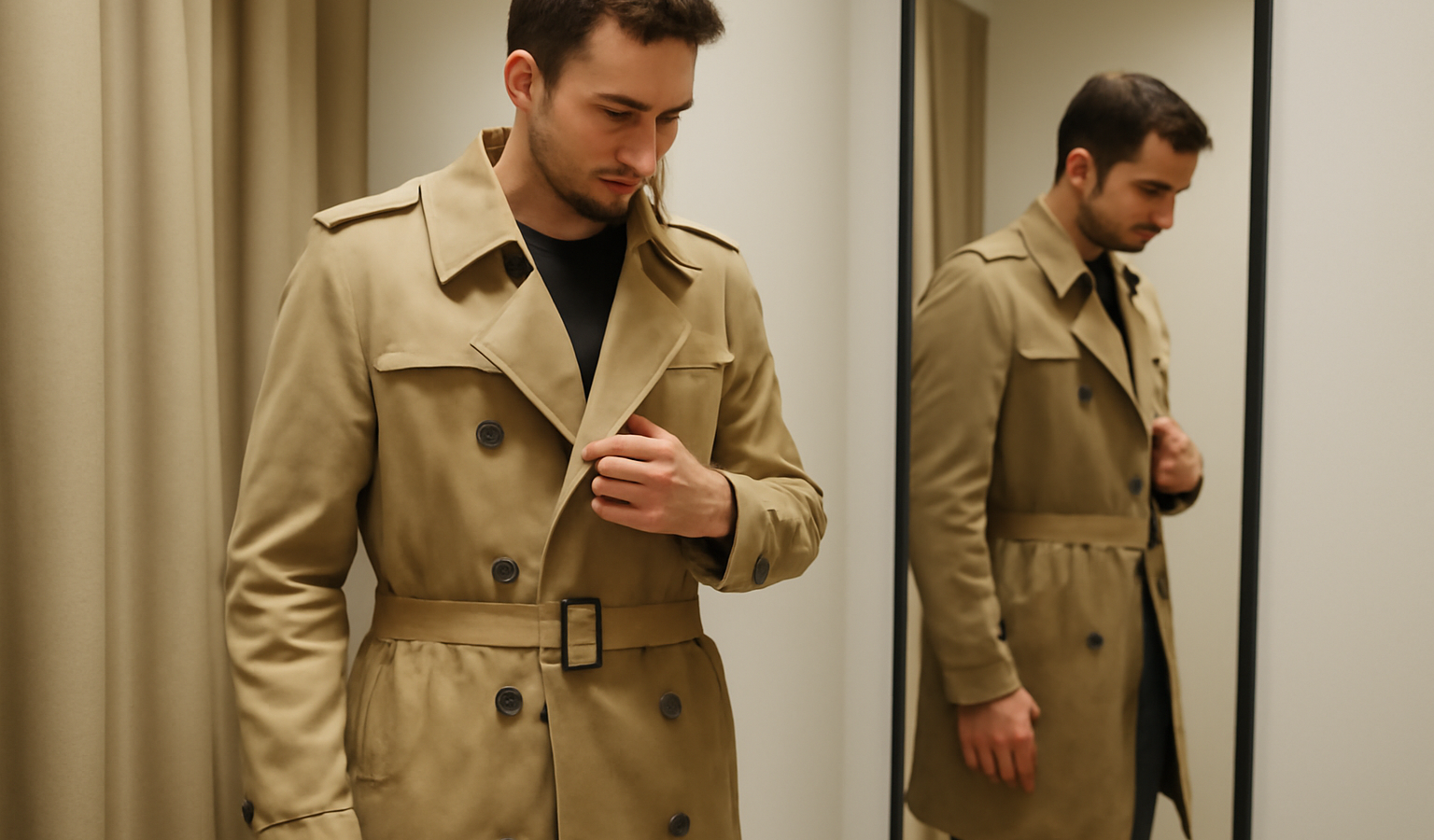 homme essayant un trench classique en cabine