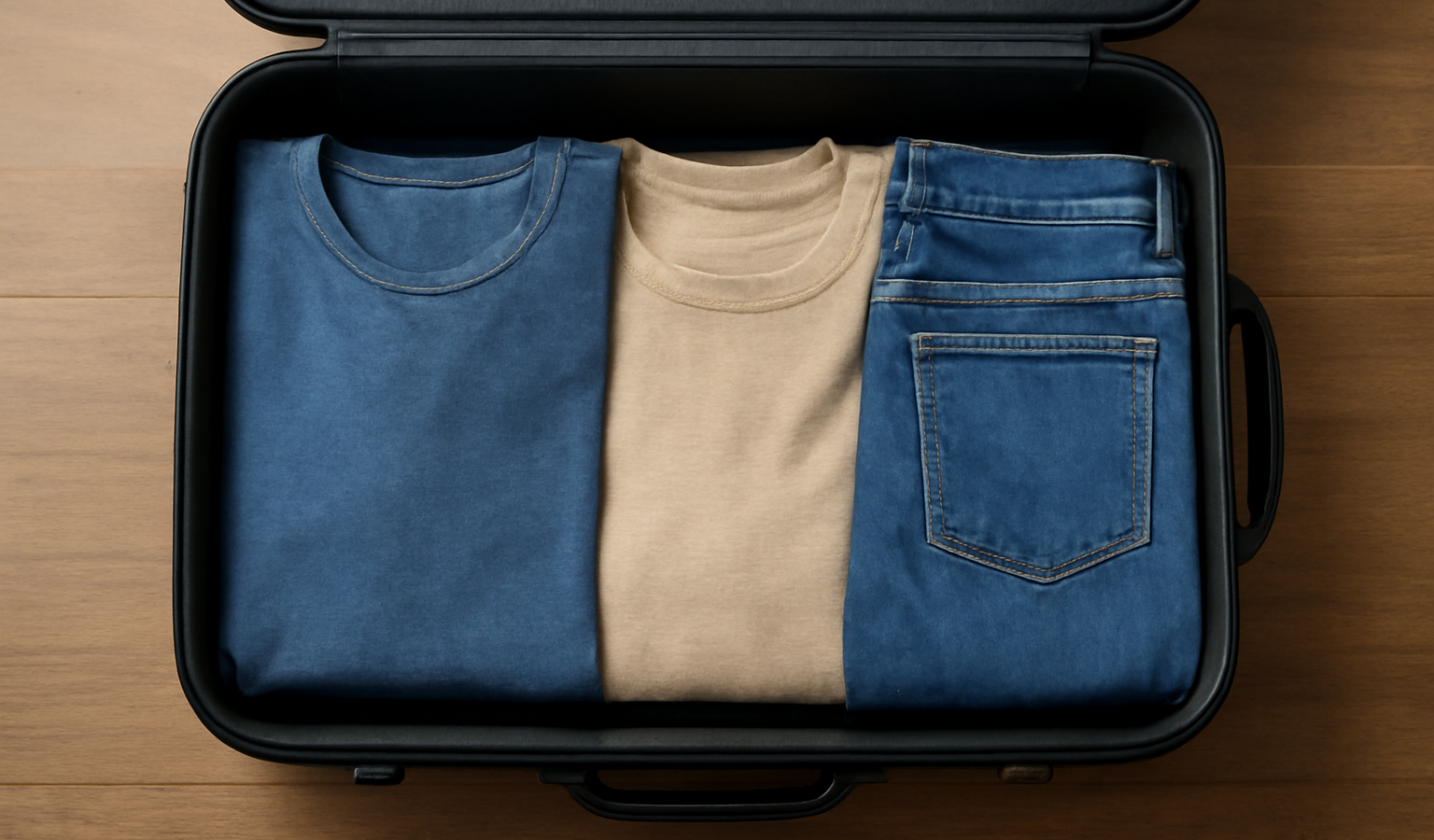 valise ouverte avec trois tenues pliées