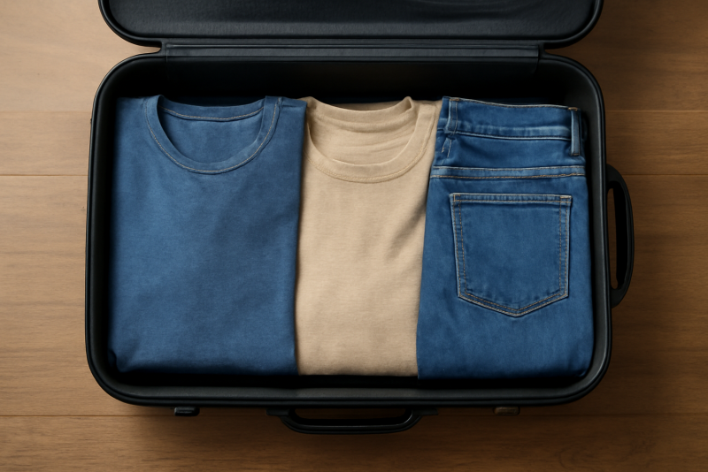 valise ouverte avec trois tenues pliées
