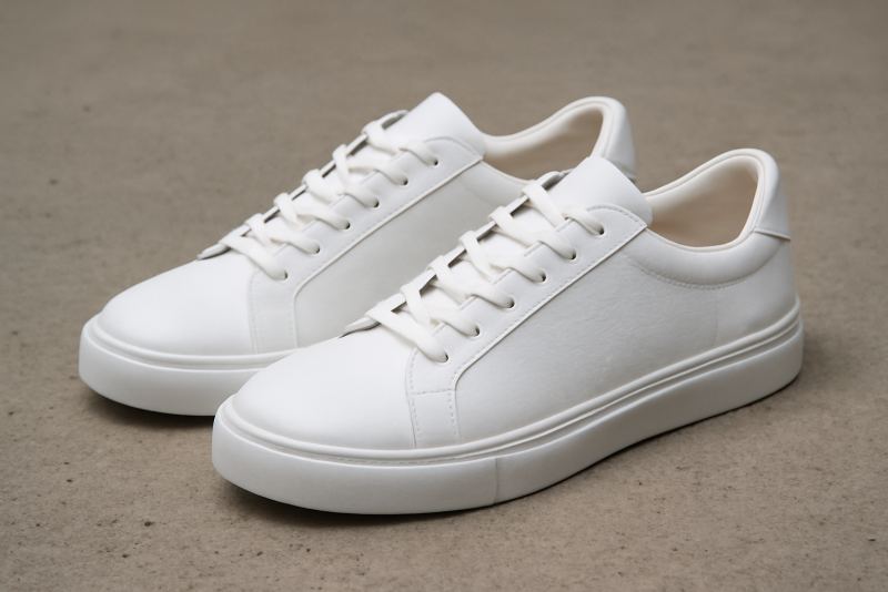paire de sneakers blanches posees sur beton