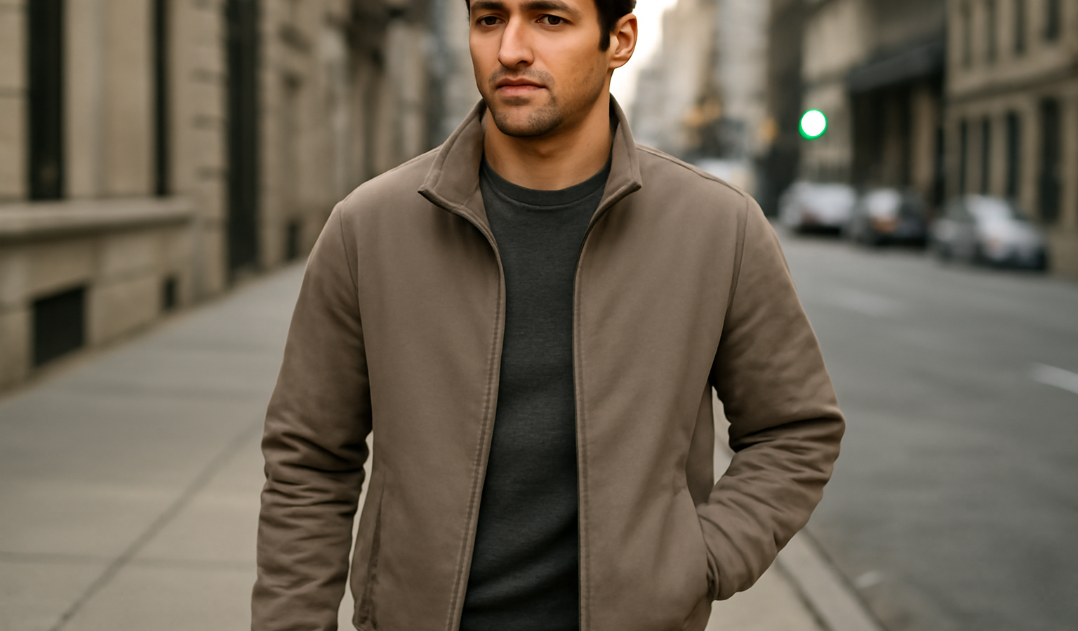 homme portant une veste mi-saison en ville