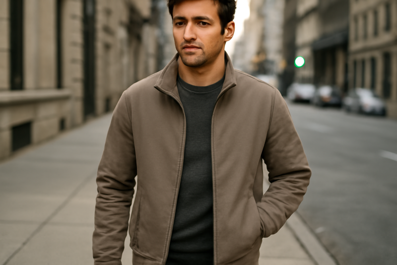 homme portant une veste mi-saison en ville