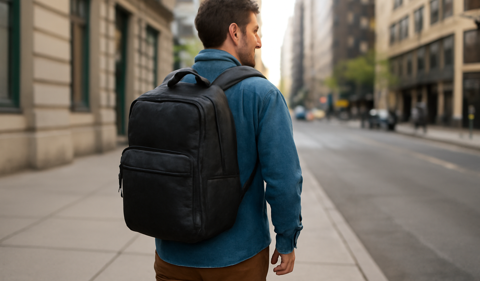 homme marchant avec sac à dos en ville