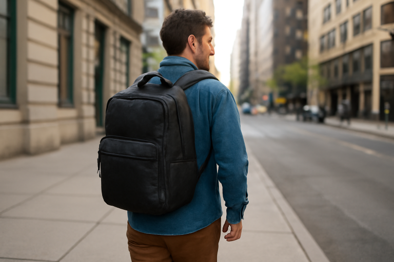 homme marchant avec sac à dos en ville