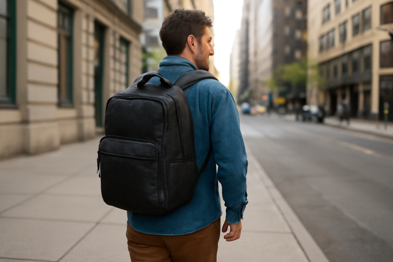 homme marchant avec sac à dos en ville